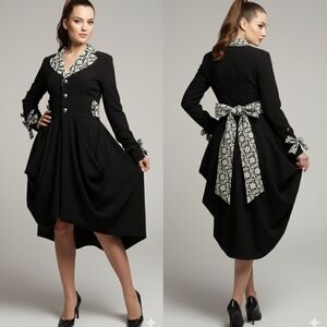 Vintage Black High Low Victorian Goth Floral Jacket Dress Small